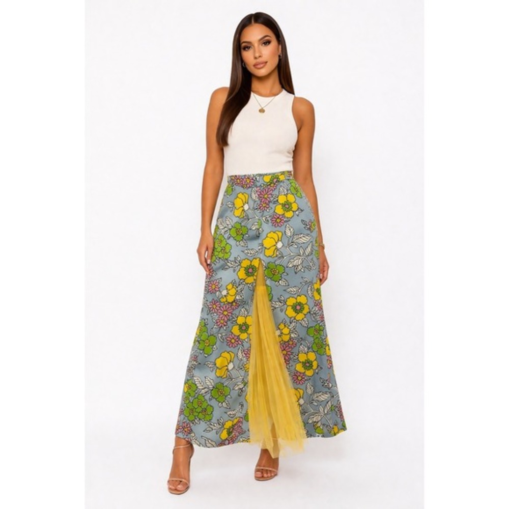 Tory Burch Upcycled Floral Maxi Skirt with Yellow Tulle Godet Slit Size 4